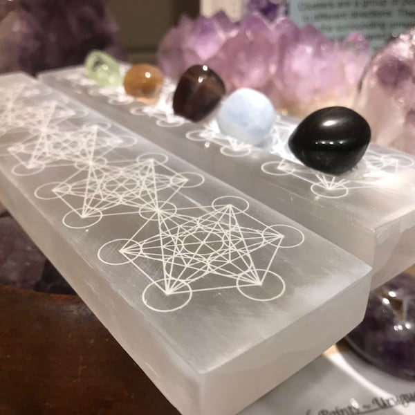 Grooved Pure Selenite Metatron’s Cube crystal grooved charging plate, Sacred Geometry, Selenite crystal grid, wand.