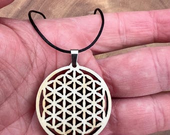 Wooden Sacred Geometry Necklace - 35mm Birch Plywood Flower of Life Charm - Natural Wood Pendant on Waxed Cord - Zen Meditation Jewelry Gift
