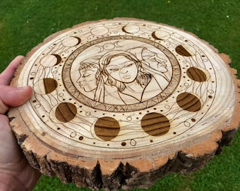 Hecate (Hekate) & moon phase engraved wood slice , Hekate goddess, altar, wall art, witch, wood