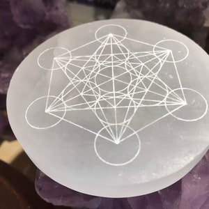 Pure Selenite Metatron Cube charging plate, Sacred Geometry, Selenite crystal grid