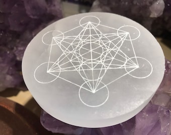 Pure Selenite Metatron Cube charging plate, Sacred Geometry, Selenite crystal grid