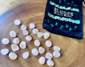 Pocket Size Runes Set, Rose Quartz , magic, divination, Elder Futhark, Norse, runic alphabet