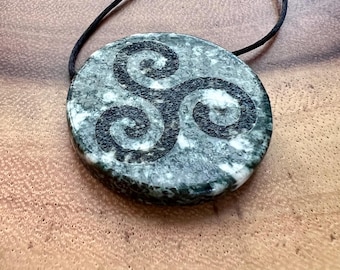 Celtic Triskelion engraved Preseli Bluestone flat round polished Necklace/ Pendant