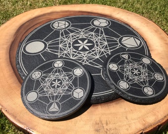 Cubo de Metatrón Sólidos platónicos grabados en pizarra natural o vidrio negro - Cuadrícula de cristal - Geometría sagrada - Pizarra - Cuadrícula - - Mandala