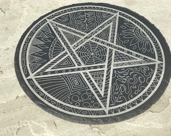 Engraved Slate Pentagram Altar Tile, Wiccan Pagan Decor