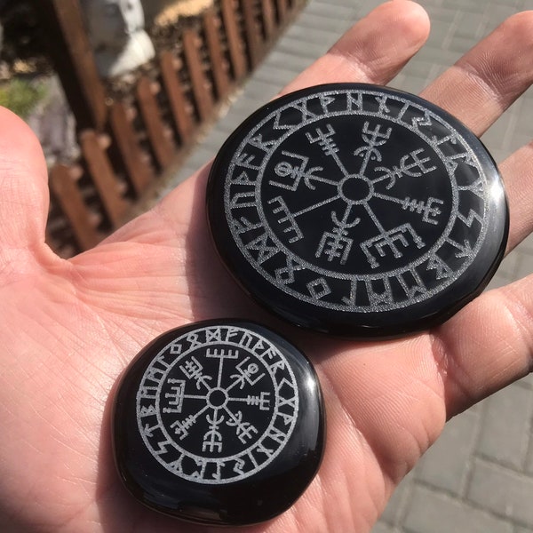 Wayfinder, Vegvisir, The Symbol of Guidance and Protection The Viking Compass/Runic Compass, engraved on a Black Obsidian Palm.