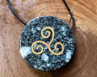Celtic Triskelion engraved Preseli Bluestone flat round polished Necklace/ Pendant