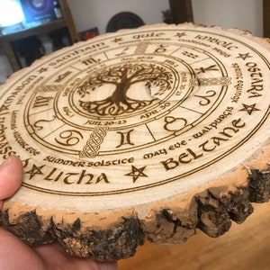 Wheel of the Year engraved onto large log slice Wicca annual cycle of seasonal festivals, wicca, pagan, altar, wall art, witch, wood