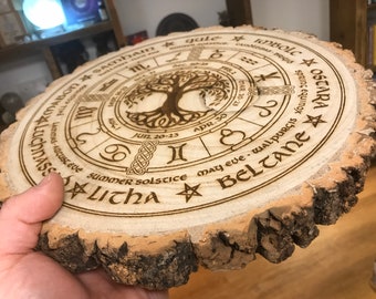 Wheel of the Year engraved onto large log slice Wicca annual cycle of seasonal festivals, wicca, pagan, altar, wall art, witch, wood