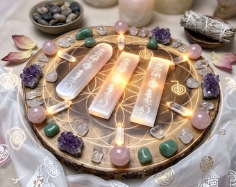 Master Reiki Selenite Grooved Charging Plate | Hand-Engraved Sacred Symbols | Grooved Crystal Holder Slab | Energy Healing Altar Tool