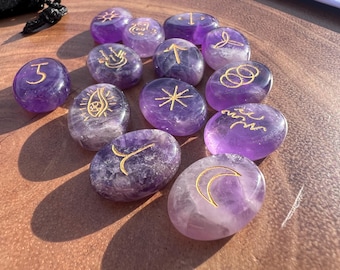 Amethyst Witches' Runes Set of 13,Engraved Gold Symbol Pagan Divination Stones | Wiccan Altar Tool, Crystal Oracle & Spiritual Gift