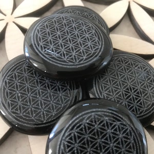 Flower of Life engraved onto Black Obsidian , Sacred Geometry