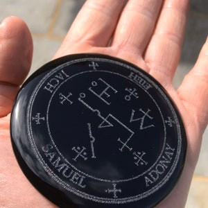 Archangel Samael Sigil Engraved Black Obsidian Palm Stone  , Protection,
