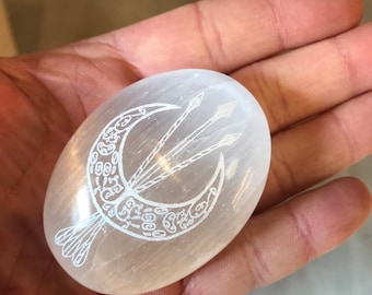 Engraved Selenite Crystal Palm Stone, Artemis, Greek, Pagan