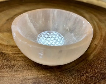 Selenite Crystal Charging Bowl, Orange or Clear Flower of Life Carved Bowl