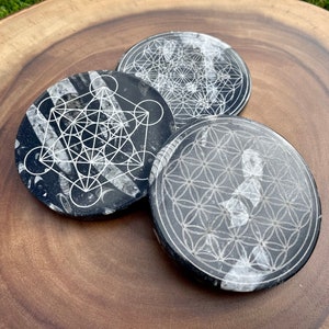 Stunning engraved Orthoceras Fossil Metatron&#39;s cube and flower of life combined- Crystal Grid - Sacred Geometry - Gridding - Healing