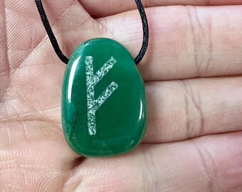 Wealth, abundance, prosperity, financial support Bind Rune engraved on a Black Obsidian or Green adventurine Necklace/ pendant.