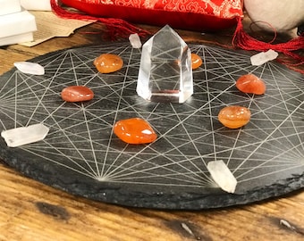 Tesseract Crystal grid, sacred geometry engraved natural slate