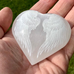 Large Engraved Selenite Crystal Heart Stone, Angel Wings,  angelic realm, remove negative energy