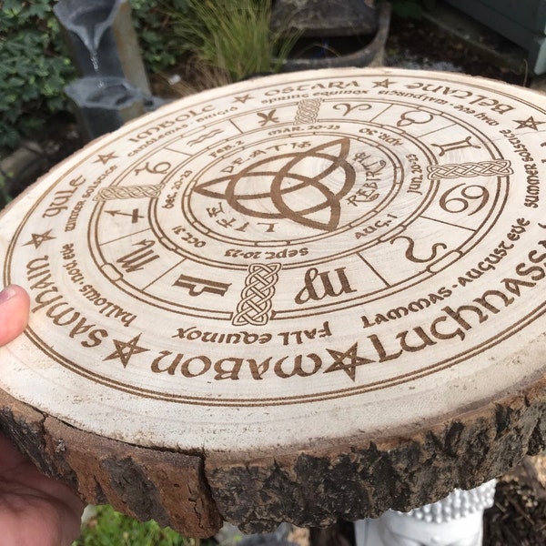 Wheel of the Year engraved onto large log slice Wicca annual cycle of seasonal festivals, wicca, pagan, altar, wall art, witch, wood