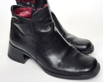 Botines vintage Santana de piel negra de los años 90, punta cuadrada, impermeables, con cremallera.