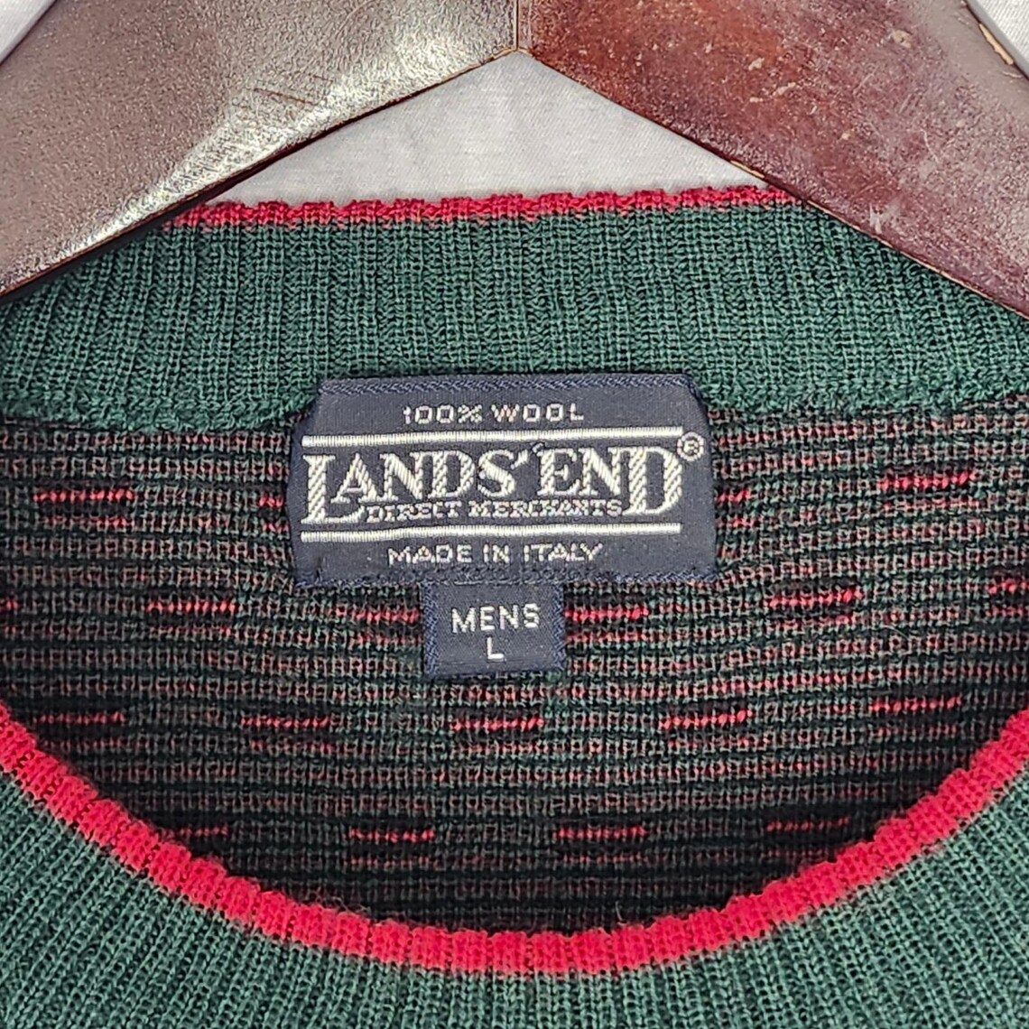Vintage Lands End Birdseye Wool Sweater Large Made in Italy Green Red Holidays, photo 4 of 5