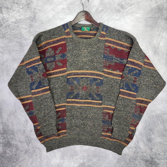 Vintage Gaeltarra Ireland Donegal Flecked Wool Sweater Large Aztec Geometric