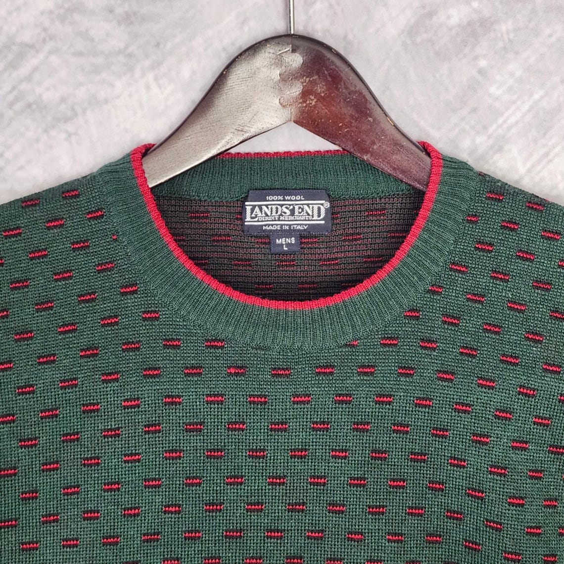 Vintage Lands End Birdseye Wool Sweater Large Made in Italy Green Red Holidays, photo 2 of 5