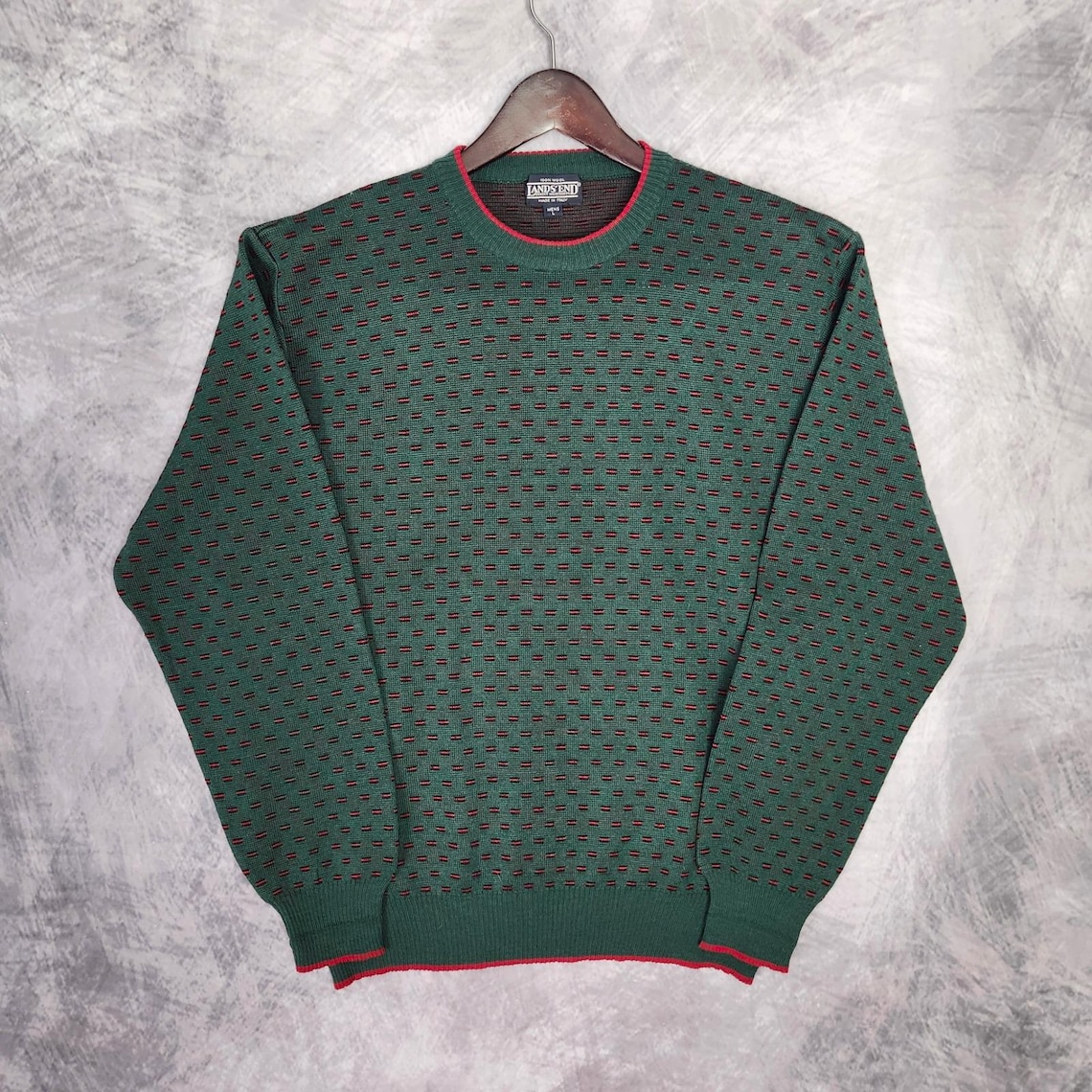 Vintage Lands End Birdseye Wool Sweater Large Made in Italy Green Red Holidays, photo 1 of 5