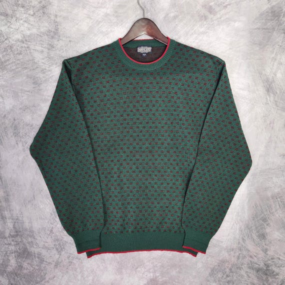 Vintage Lands End Birdseye Wool Sweater Large Made in Italy Green Red Holidays