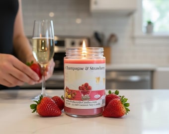 Vela de coco e soja com aroma de champanhe e morangos, 375 ml (12,5 oz), pavio de madeira.