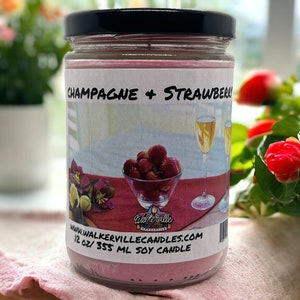 Champagne & Strawberries Eco-Friendly Clean Burning 12 oz 100% Coconut Soy Candle, Handmade, Fresh Summer Scent Luxurious