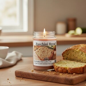 May include: A lit Zucchini Bread scented candle in a glass jar next to a loaf of zucchini bread on a wooden cutting board. The candle label shows a picture of zucchini bread. The candle is 373 ml.