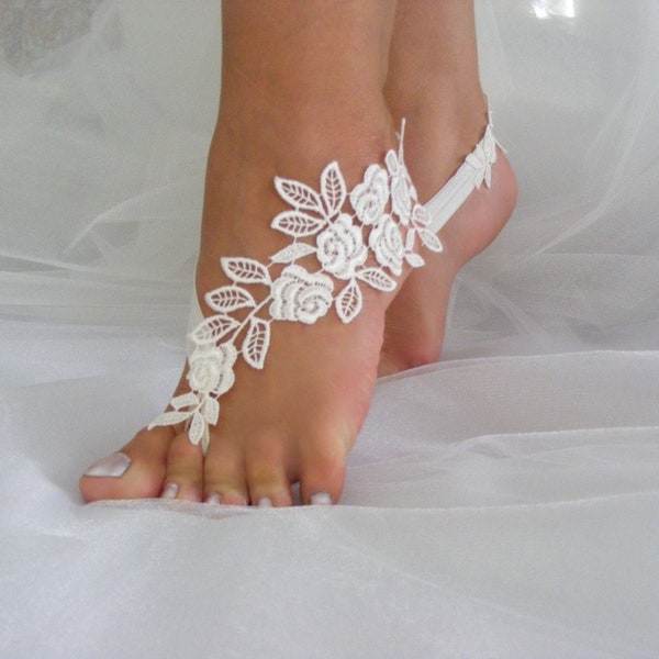 Ivory/Black/Rose/White Lace Barefoot Sandals, Beach Wedding Sandals, Wedding Anklets, Wrist Lace Sandals, Embroidered Sandals