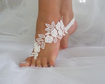 Ivory/Black/Rose/White Lace Barefoot Sandals, Beach Wedding Sandals, Wedding Anklets, Wrist Lace Sandals, Embroidered Sandals