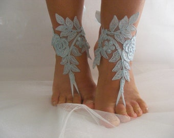 Blue Lace Sequined Barefoot Sandals, Beach Wedding Sandals, Wedding Anklets, Something Blue, Wrist Sandals, Embroidered Sandals