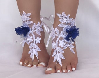 Beach Wedding Barefoot Sandals With 3D flowers, Bridesmaid Gift, White Lace Barefoot Sandals, Wedding Anklets, Embroidered Sandals
