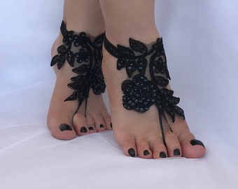 Wedding Shoes,White-Ivory-Blue-Champagne-Pink-Black Sequined Lace Barefoot Sandals,Beach Wedding Barefoot Sandals,Wedding Anklets,Bridesmaid