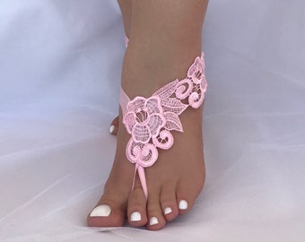 Pink Lace Barefoot Sandals, Beach Wedding Sandals, Wedding Anklets, Destination Wedding, Beach Wedding, Wrist Lace Sandals