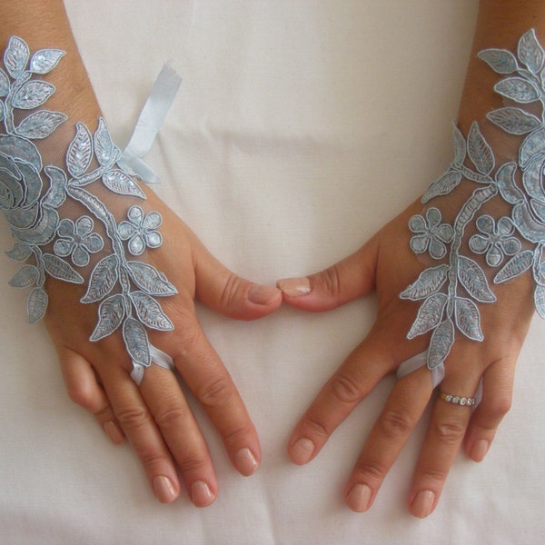 Blue Ivory White Black Gloves for Prom,  Blue Sequined Lace Handmade Fingerless Wedding Gloves With Satin Ribbons,Something Blue