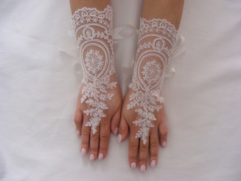 Lace Handmade Long Fingerless Wedding Gloves With Silk Ribbons Etsy