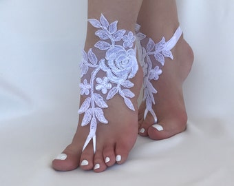 White Lace Barefoot Sandals, Beach Wedding Sandals, Wedding Anklets, Destination wedding, 8 Color Options,Wrist Sandals,Embroidered Sandals
