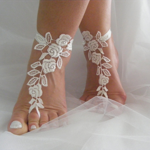 Ivory/Black/Rose/Cream White/Salmon Pink Lace Barefoot Sandals, Beach Wedding Sandals,French Lace Sandals, Embroidered Sandals, Bridesmaid