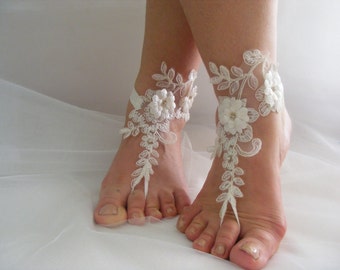 Ivory Barefoot Sandals, Beach Wedding Sandals, Wedding Anklets, Summer Wear, Wrist Sandals, Embroidered Sandals