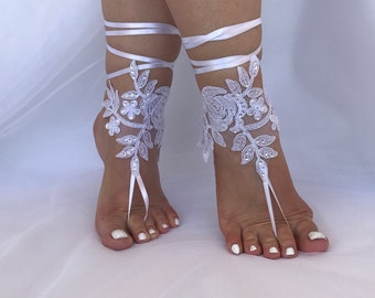 White Lace Sequined Barefoot Sandals, Beach Wedding Sandals, Wedding Anklets, Summer Wear,8 Color Options,BallerinaShoes,Embroidered Sandals