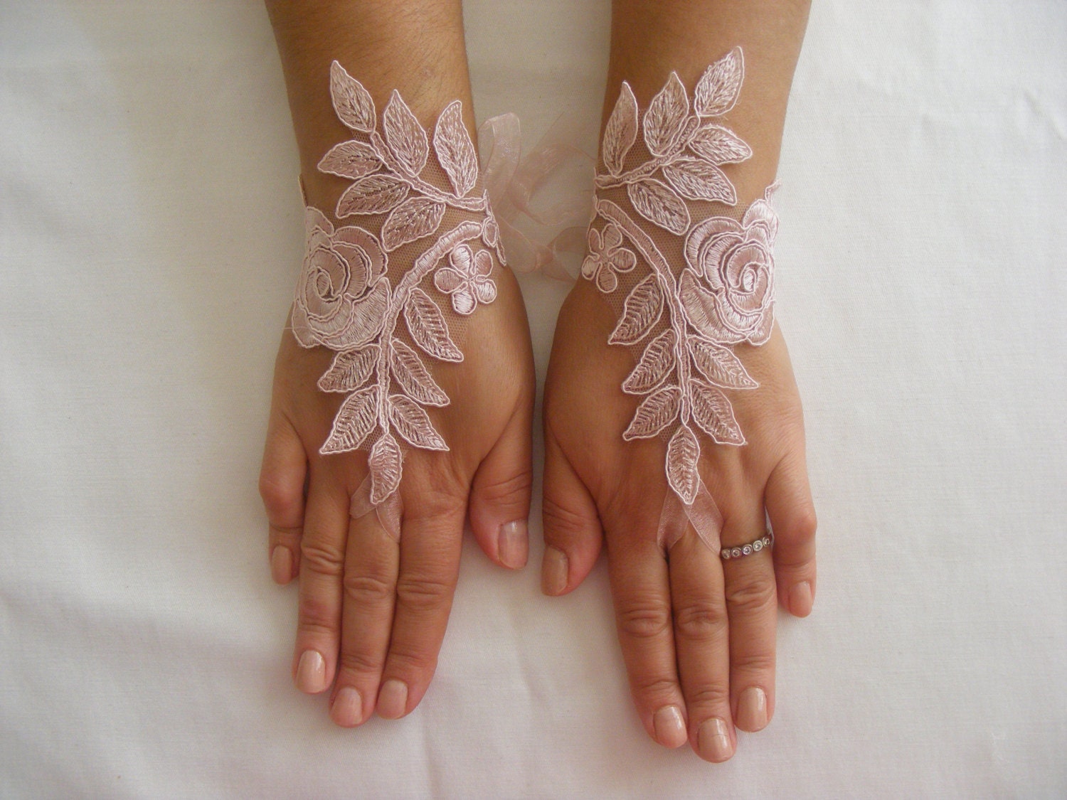 Soft Pink Lace Handmade Medium Fingerless Wedding Gloves With Etsy