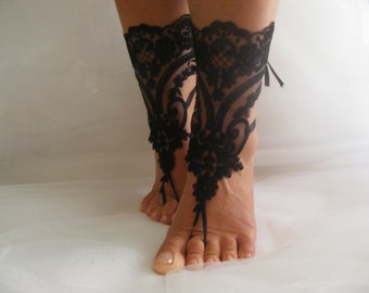 Black Lace Evening Victorian Barefoot Sandals, Beach Wedding Sandals, Wedding Anklets,Wrist Sandals