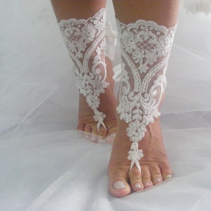 White Lace Evening Victorian Barefoot Sandals, Beach Wedding Sandals, Wedding Anklets,Wrist Sandals