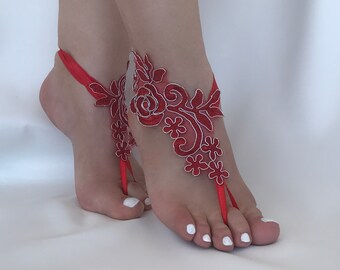 Red Lace Barefoot Sandals Rose Beauty&Beast inspired Bridesmaids Gift Wedding Shoes Beach Wedding Barefoot Sandals Wedding Anklets