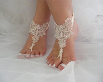 Beach Wedding Barefoot Sandals, Bridesmaid Gift, Caramel Lace Beaded Evening Victorian Barefoot Sandals, Wedding Anklets,  Wrist Sandals